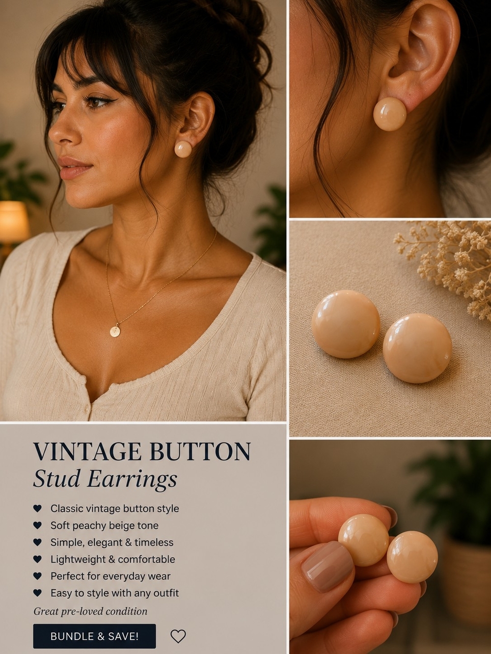 Vintage Button Stud Earrings — Peachy Pink